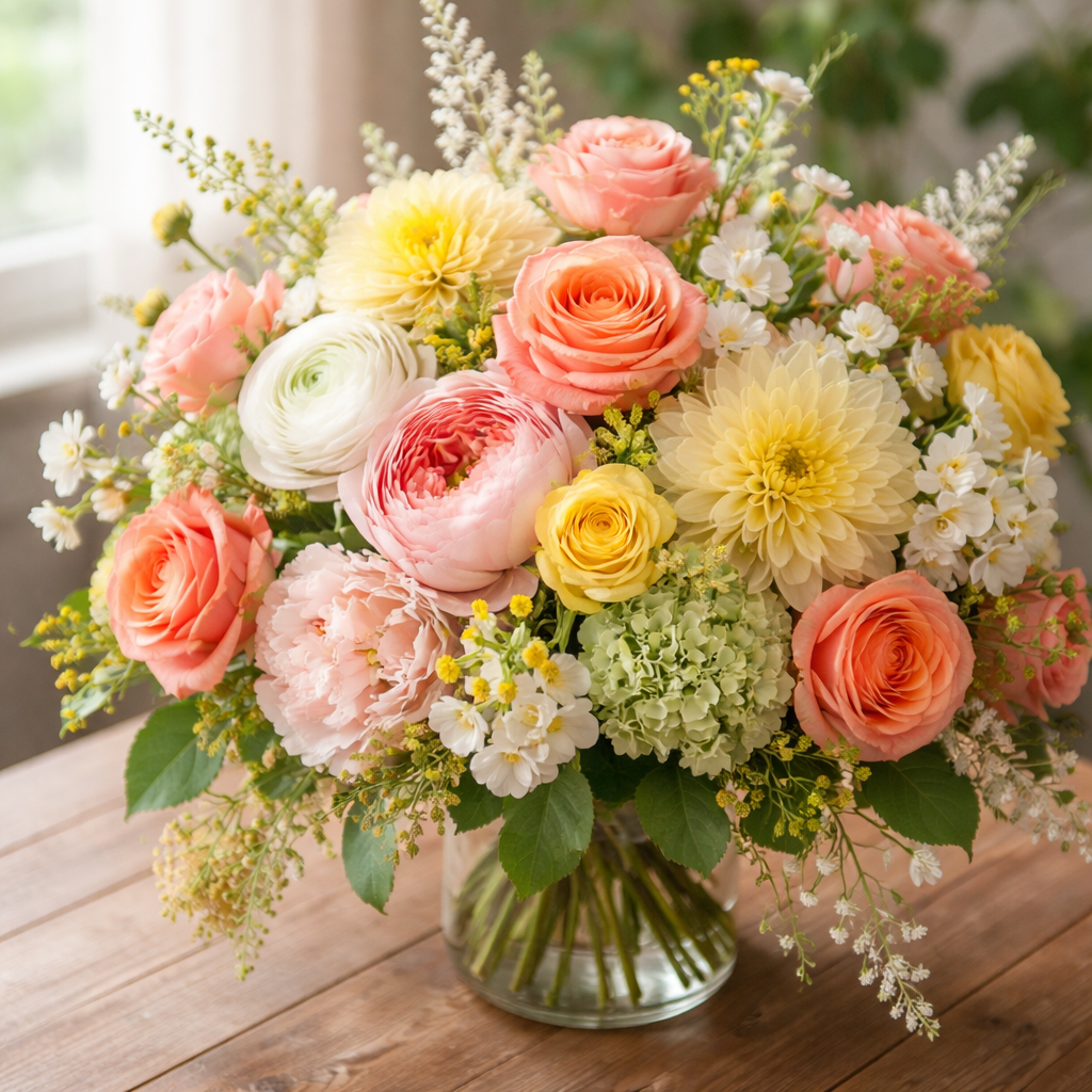 A photorealistic close‑up of a mixed spring bouquet on a wooden table, showing vibrant tulips, daffodils, and green foliage. Alt: spring mixed flower arrangement for Aventura delivery