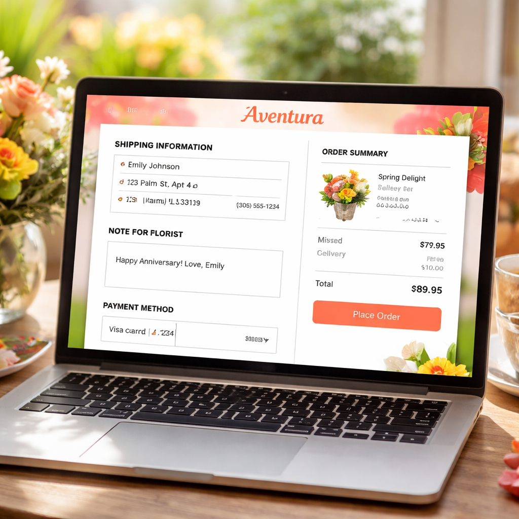A realistic scene of a hand holding a vase of fresh roses on a kitchen counter, sunlight filtering in, showing a care guide card beside it. Alt: how to keep Aventura flower delivery fresh