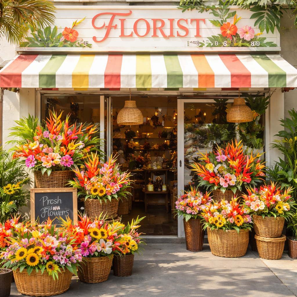 A vibrant flower shop storefront in Fort Lauderdale with colorful tropical arrangements displayed outside, featuring local South Florida blooms in bright sunshine. Alt: best flower delivery Fort Lauderdale FL florist storefront with tropical arrangements