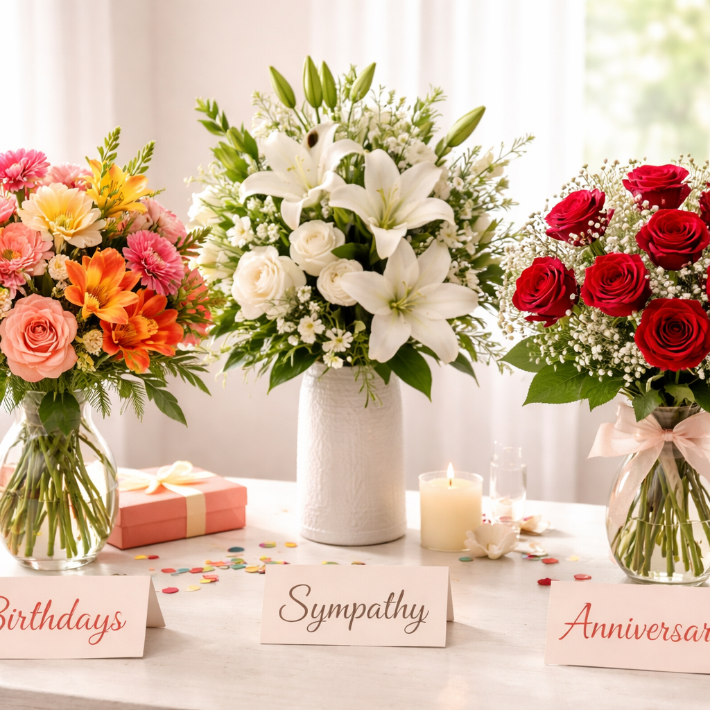 An elegant table display showing different flower arrangements for various occasions - birthday bouquet with bright colors, sympathy arrangement with white lilies, and romantic red roses for anniversaries. Alt: flower delivery Fort Lauderdale FL arrangements for different occasions birthdays anniversaries sympathy
