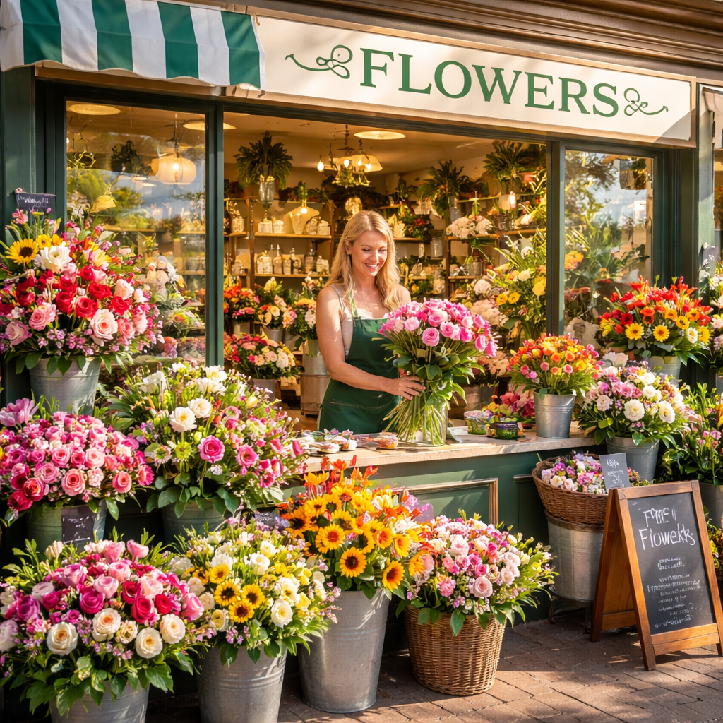 A photorealistic image of a bustling local flower shop in South Florida with fresh colorful bouquets displayed in the storefront window and a friendly florist arranging flowers inside. Alt: Local Hollywood Florida flower shop with fresh floral arrangements and professional florist service