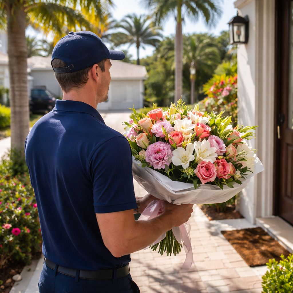 A photorealistic image of a professional flower delivery person in uniform carefully carrying a beautiful fresh bouquet to a home's front door during daytime in a residential Hollywood Florida neighborhood. Alt: Professional flower delivery service in Hollywood FL with fresh floral arrangements for perfect timing