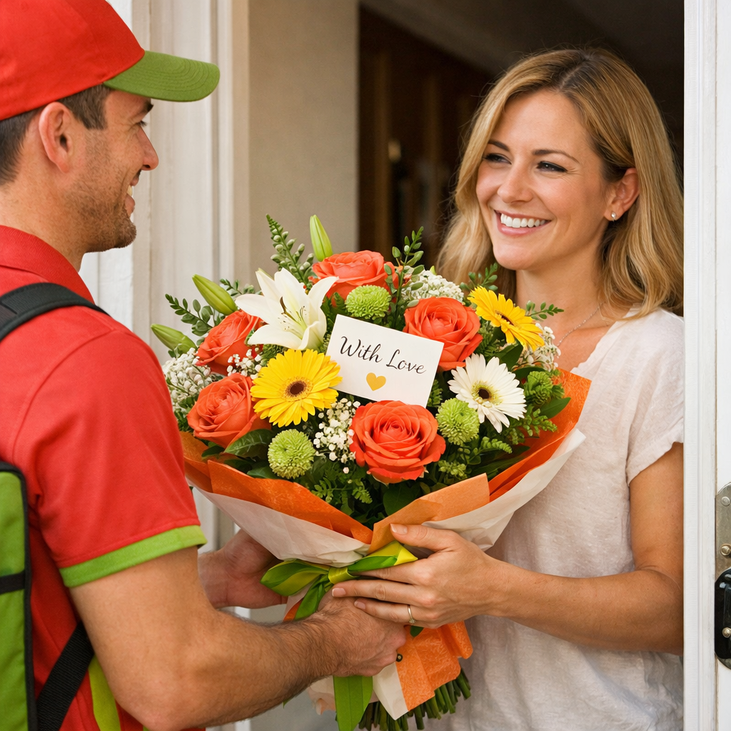 A realistic photo of a delivery driver handing a bouquet to a smiling recipient at a front door, with a small note visible. Alt: flower delivery service Hollywood FL driver delivering bouquet