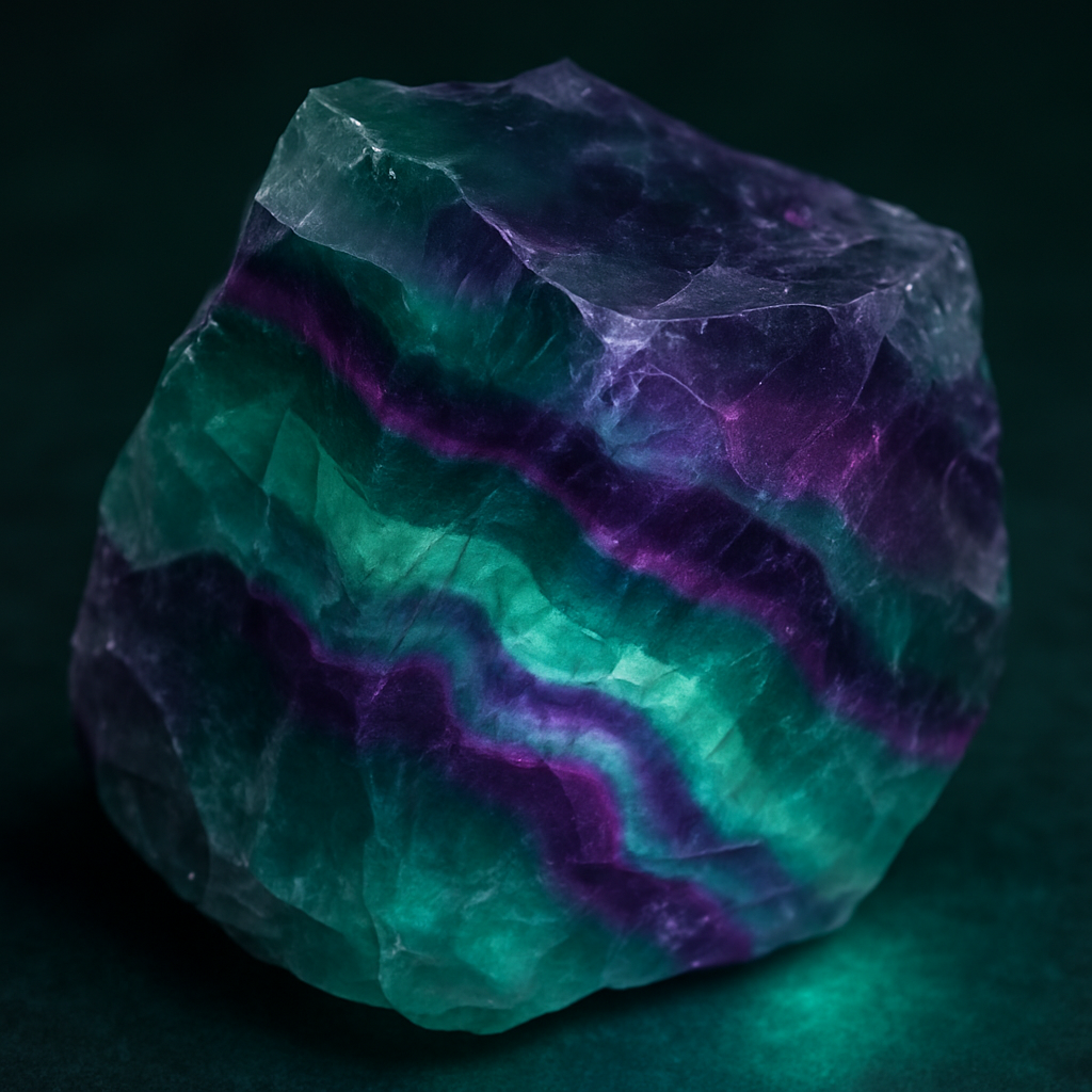 A high‑resolution close‑up of a raw fluorite crystal showing vivid green and purple bands, with a subtle glow to illustrate fluorescence. Alt: Fluorite physical characteristics and formation