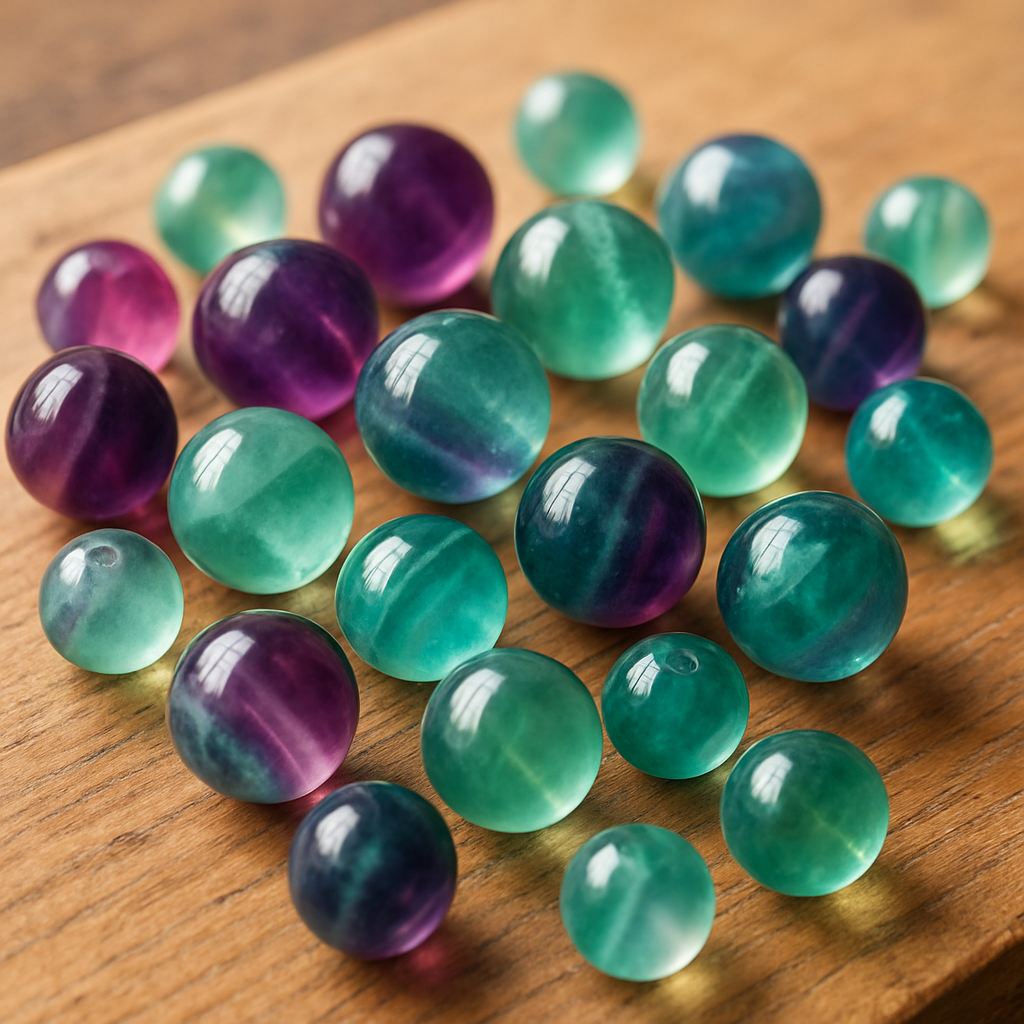 A close‑up of assorted fluorite beads – purple, green and blue – spread on a wooden jeweller’s bench, soft daylight highlighting their colour bands. Alt: Fluorite varieties colour vibration and uses for jewellery makers