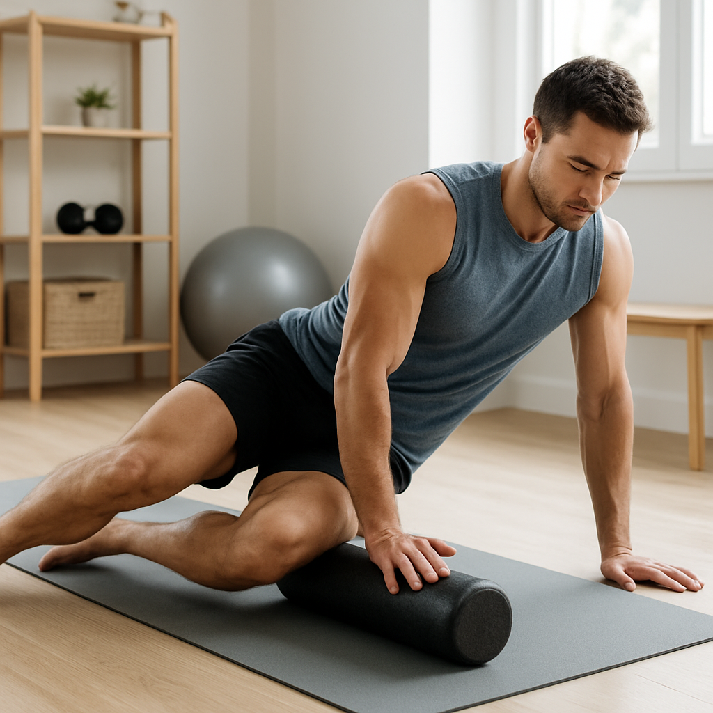 A fit individual using a foam roller on a yoga mat in a bright home gym setting. Alt: foam roller benefits for recovery demonstrated in a home workout environment.