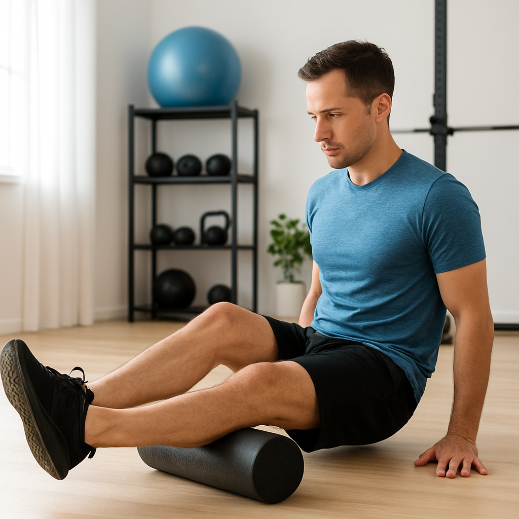 A person rolling their calves on a foam roller in a bright home gym, showing proper posture and focused pressure. Alt: Foam roller benefits for recovery - correct calf rolling technique.