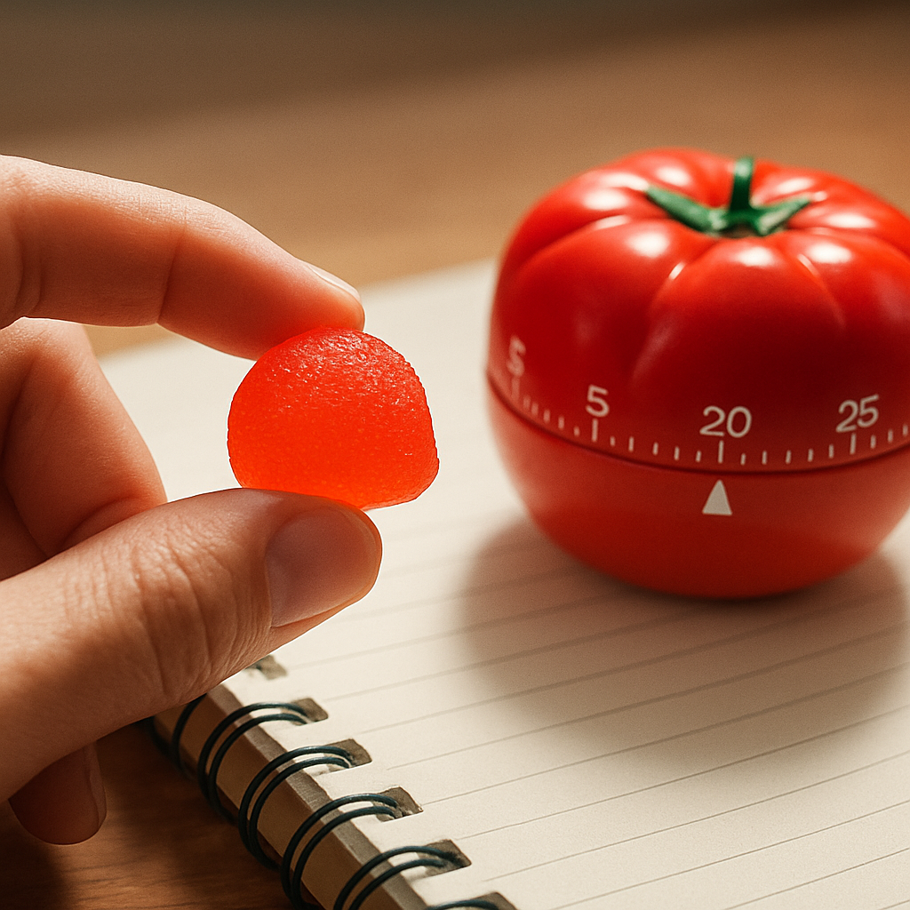 A photorealistic close‑up of a hand holding a bright, fruit‑flavored focus gummy next to a notebook with a Pomodoro timer, soft natural lighting highlighting the gummy’s texture and color, appealing to busy professionals and students seeking clear focus.