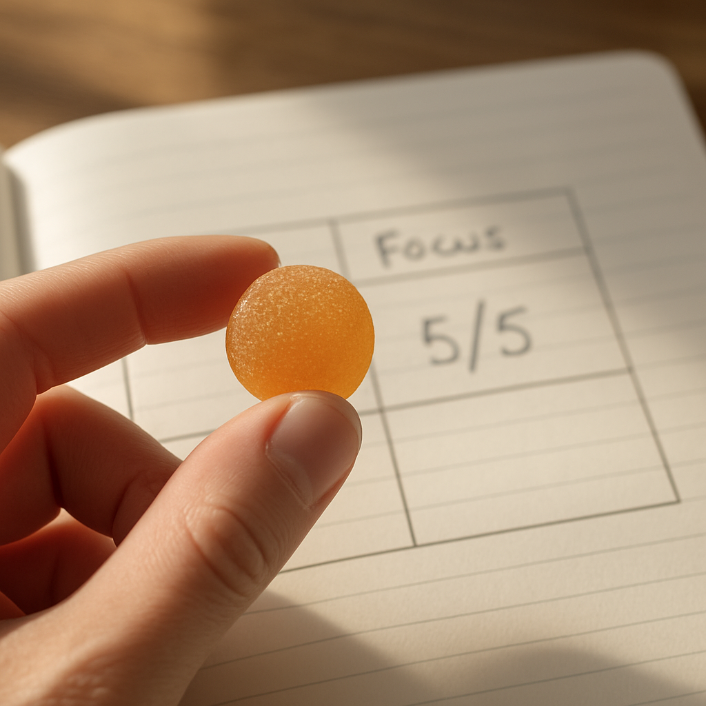 A photorealistic close‑up of a hand holding a focus gummy beside a notebook with a simple tracking table, natural morning light highlighting the gummy’s texture and the handwritten focus rating, appealing to busy professionals and students