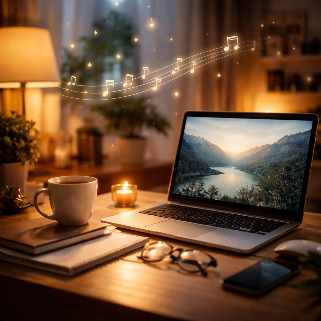 A cozy home office with a laptop open, a coffee mug, and soft ambient lighting. In the background, faint musical notes float around, illustrating focus music enveloping the workspace. Alt: focus music productivity workspace