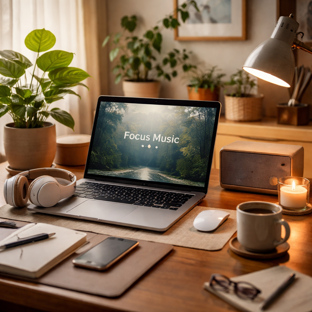 A cozy home office desk with a laptop, headphones, and a small speaker playing soft ambient focus music. Alt: Focus music home office productivity scene.