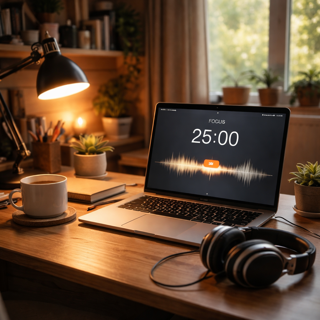 A cozy home office with headphones, a laptop displaying a Pomodoro timer, and a subtle music waveform visualizing a steady beat. Alt: Focus playlist for deep work in a home office setting.