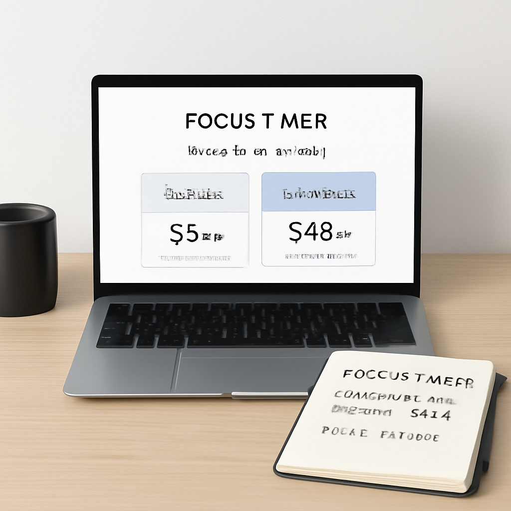 A clean home office desk with a laptop showing a focus timer subscription pricing table, a coffee mug, and a notebook with handwritten cost calculations. Alt: Cost analysis of monthly vs annual billing for a focus timer subscription.