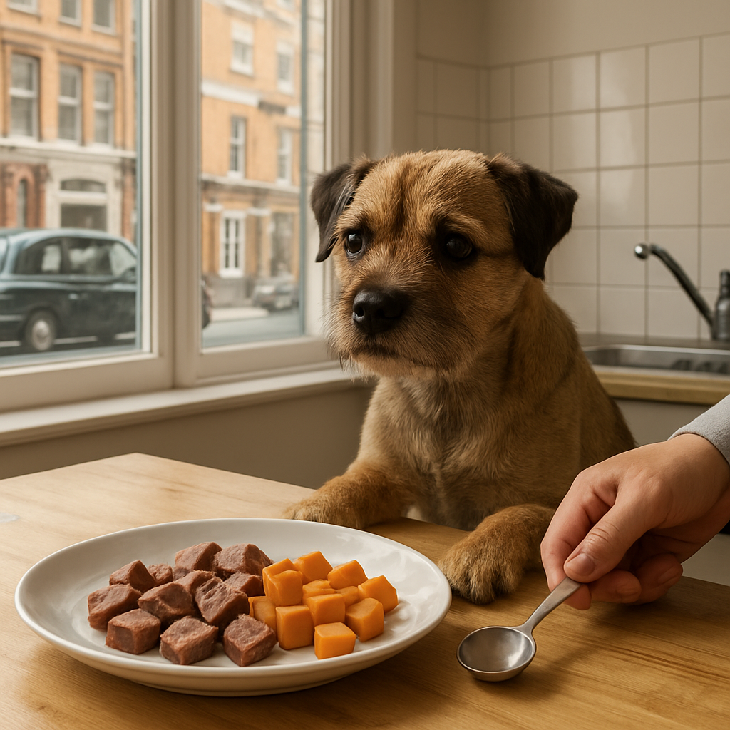A photorealistic kitchen scene showing a British terrier owner preparing a single‑ingredient dog meal on a wooden countertop. The plate holds boiled duck breast pieces and steamed sweet potato cubes, with a measuring spoon beside it. Sunlight streams through a typical London flat window, highlighting the simple, clean setup. Alt: photorealistic image of safe protein and carbohydrate meal for a dog on elimination diet in the UK.