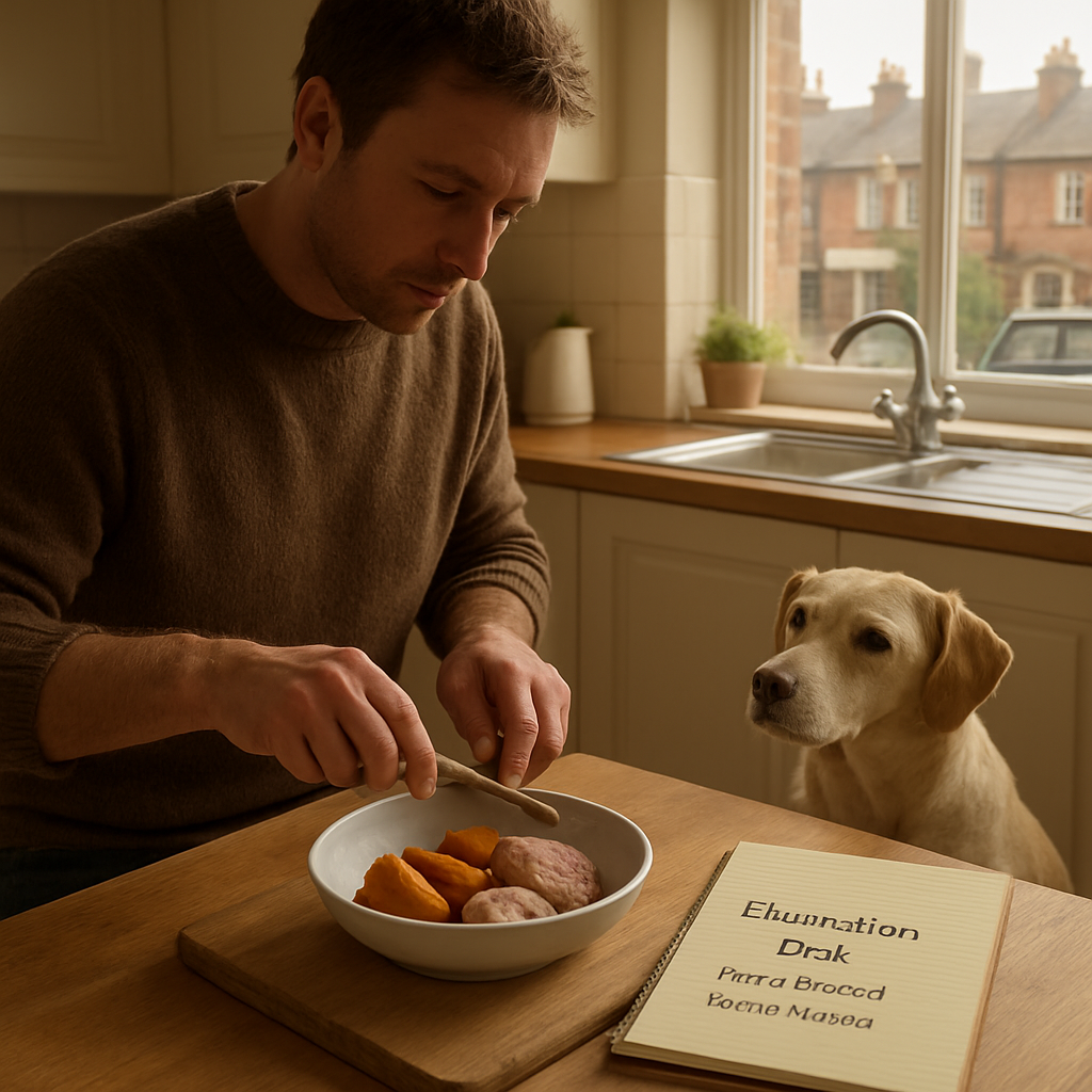 A photorealistic kitchen scene in a cosy British home, showing a dog owner measuring a portion of plain boiled duck breast and steamed sweet potato on a wooden board, with a tidy log notebook beside the bowl, soft morning light filtering through a window, highlighting the simplicity of an elimination diet routine.