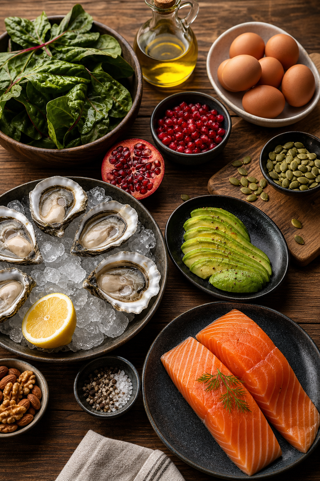 A photorealistic overhead shot of a wooden kitchen table spread with testosterone-supporting whole foods , oysters on ice, sliced avocado, a bowl of leafy greens, eggs, fatty fish, olive oil, pomegranate, and pumpkin seeds, with warm natural light and no product labels. Alt: Foods that boost testosterone including oysters, avocado, eggs, fatty fish, and leafy greens arranged on a wooden kitchen table.