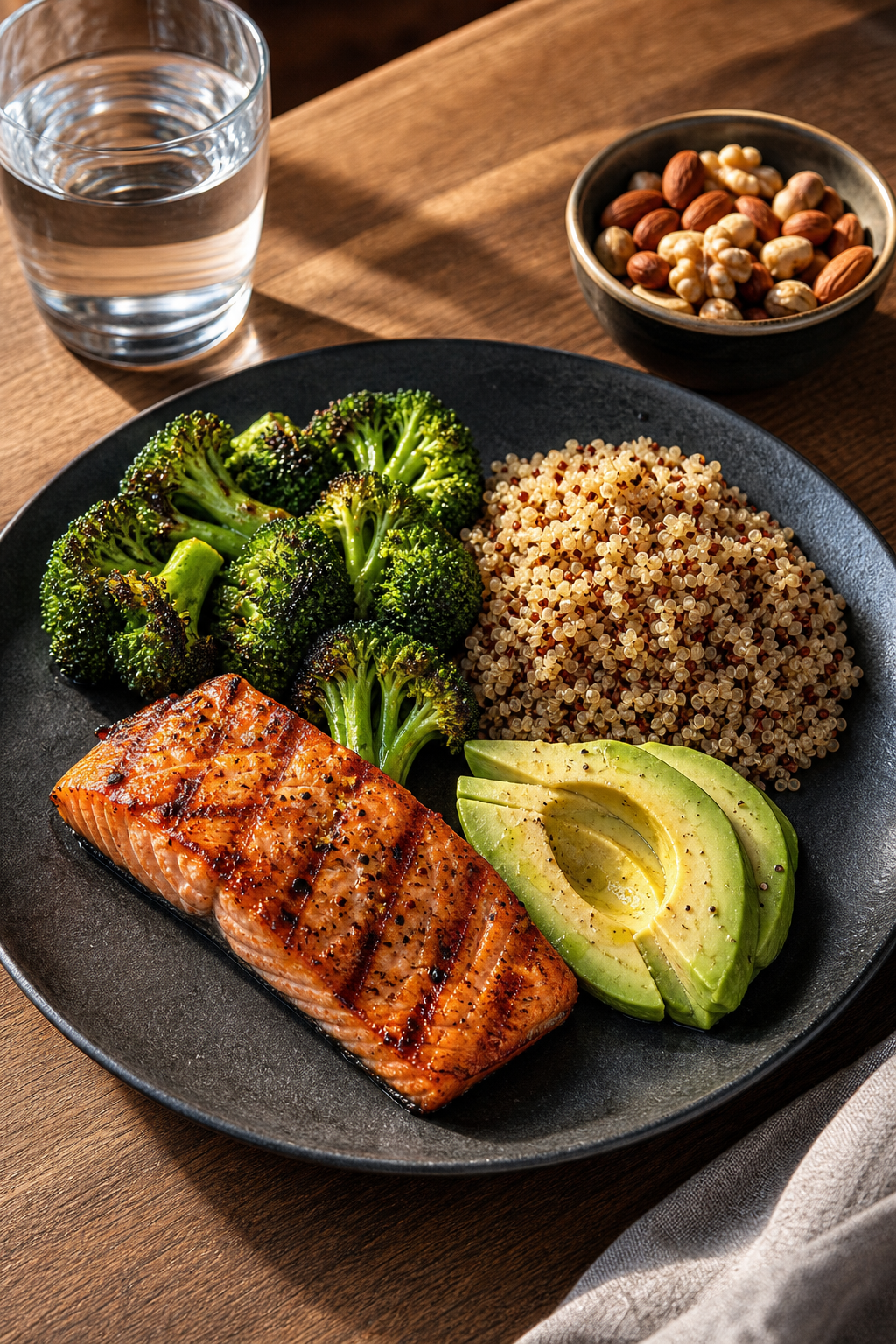 A photorealistic flat-lay of a balanced testosterone-supporting meal on a dark slate plate: grilled salmon fillet, roasted broccoli, quinoa, sliced avocado, and a small bowl of mixed nuts alongside a glass of water, shot in warm natural light on a wooden dining table. Alt: A balanced testosterone-supporting meal with salmon, broccoli, quinoa, and avocado for hormonal health.