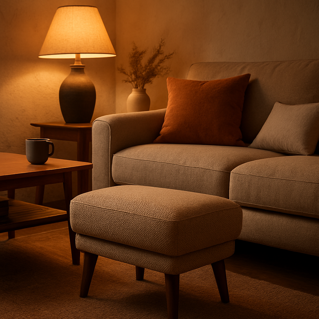 A cosy living room corner with a stylish footstool beside a plush sofa, warm lighting, and a coffee table. Alt: Footstools enhancing living room comfort and style.