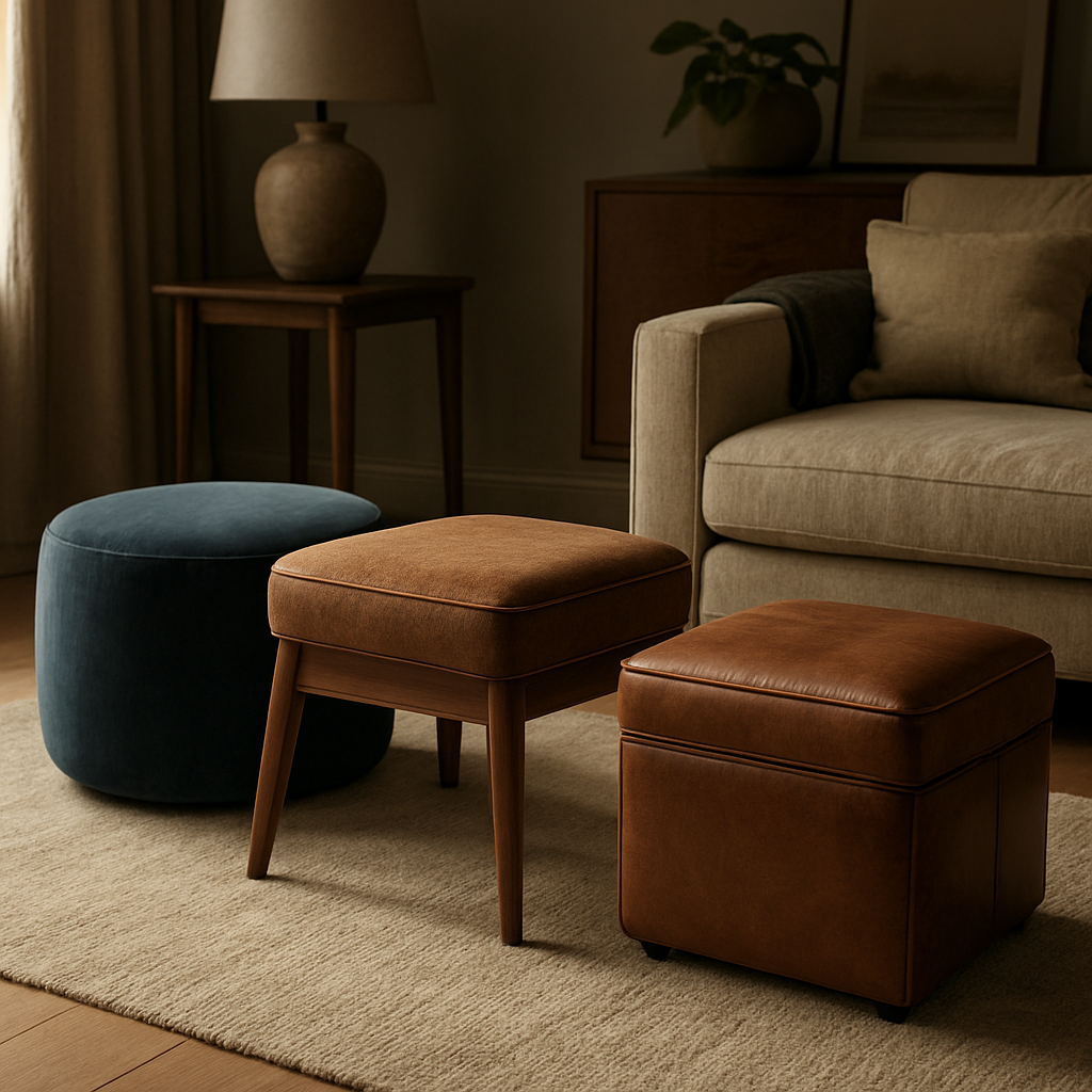 A stylish British living room corner featuring a velvet pouf, walnut tapered ottoman, and leather box footstool, soft natural light spilling over a cosy rug. Alt: Luxury footstools arranged in a modern UK home setting.