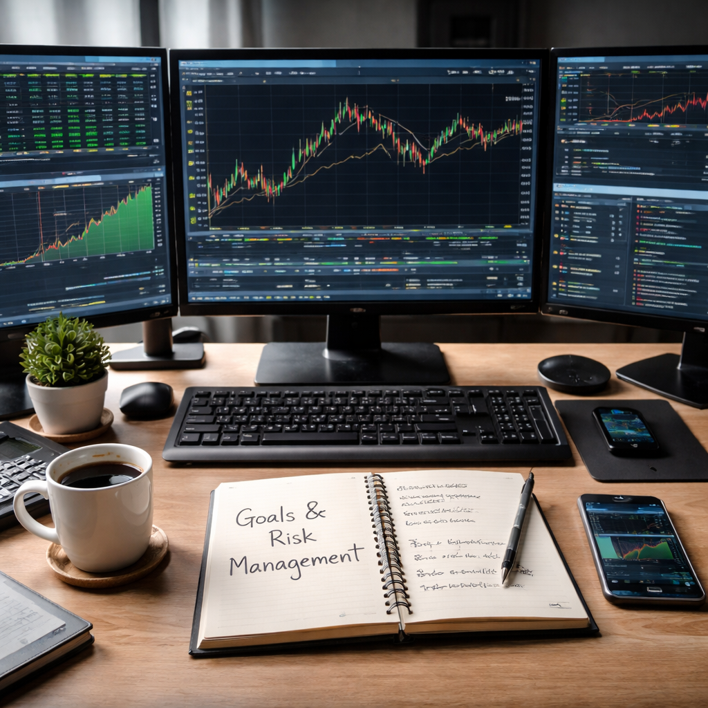 A descriptive prompt for an AI image generator, related to the surrounding text. Alt: forex automated trading strategies desk with goal setting and risk controls.