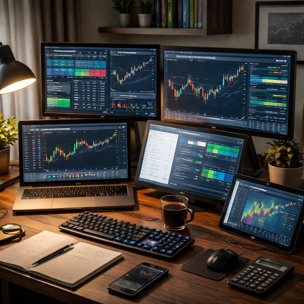 A photorealistic scene of a trader's desk with multiple monitors displaying forex charts, risk dashboards, and a position-sizing calculator in a quiet home office. Alt: forex automated trading strategies risk management desk.