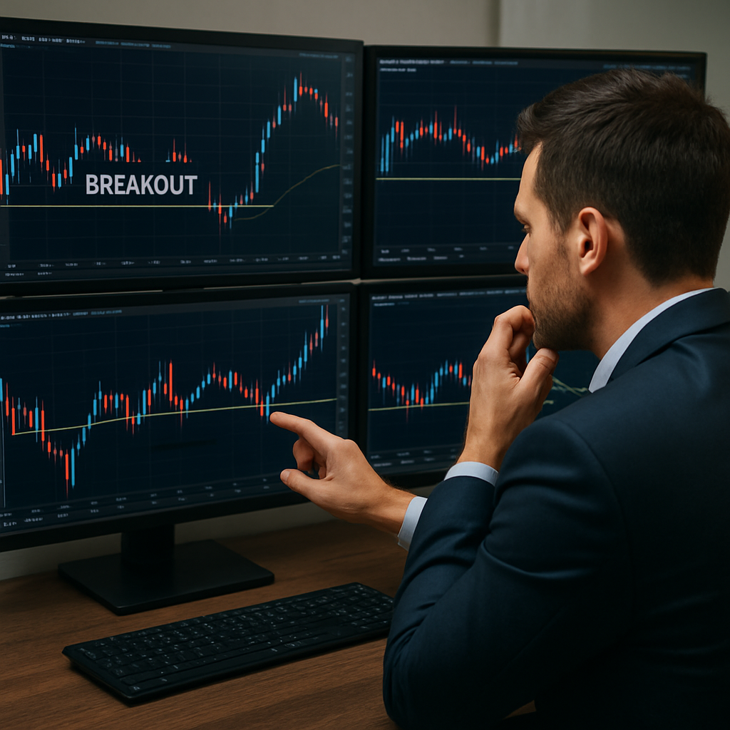 A photorealistic trader analyzing forex breakout on multiple monitors during the London session, showing breakout levels on charts. Alt: Forex breakout analysis London session