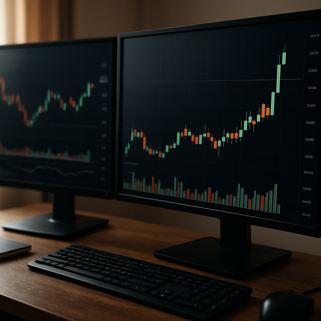 A realistic close‑up of a trader’s desk with dual monitors displaying a forex chart that shows a breakout candle, volume bars, an RSI gauge, and an ATR overlay, soft natural lighting, cinematic composition, appealing to serious traders.