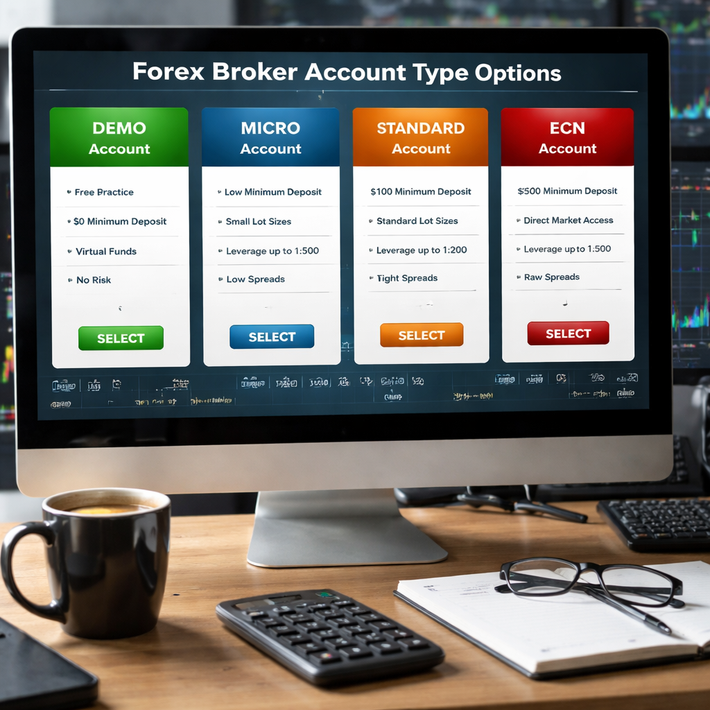 A photorealistic scene of a trader’s desktop showing multiple forex broker account type options on a computer screen, with charts and a coffee mug, highlighting the choice between demo, micro, standard, and ECN accounts. Alt: Forex broker account types comparison visual.