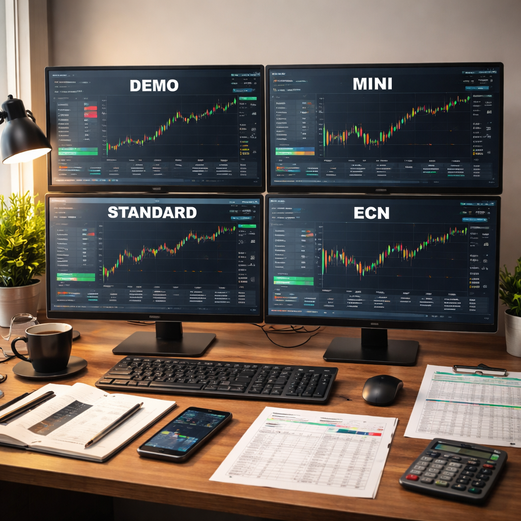 A photorealistic scene of a trader’s desk with four monitor windows, each showing a different forex broker account type screen – Demo, Mini, Standard, ECN – with clear labels and a spreadsheet beside them. Realistic lighting, realistic desk setting. Alt: Comparison of forex broker account types in a realistic trading workspace.