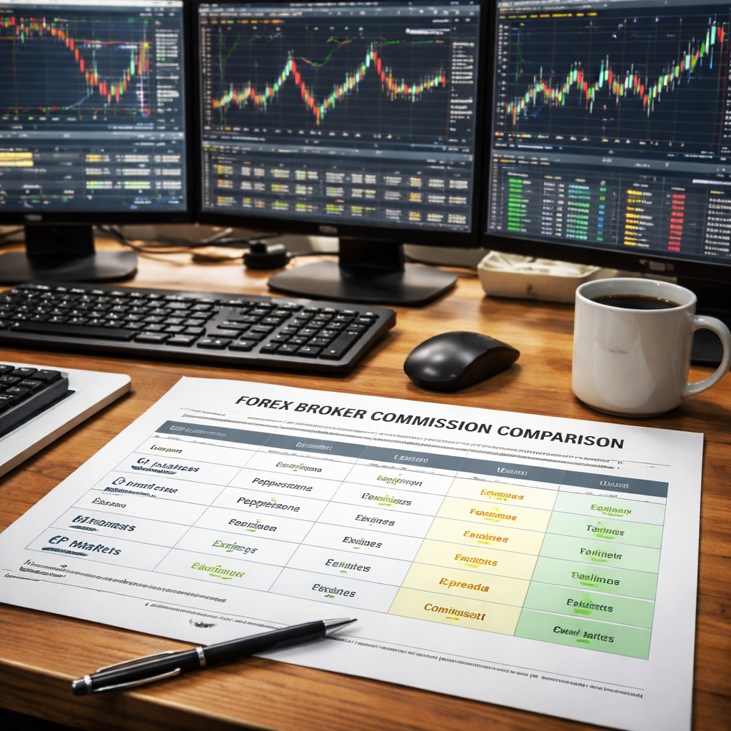 A photorealistic scene of a trader’s desk with multiple monitor screens showing forex charts, a printed fee comparison table, and a coffee mug, illustrating the process of matching trading style to broker commission costs. Alt: forex broker low commission comparison table on a trader’s desk.
