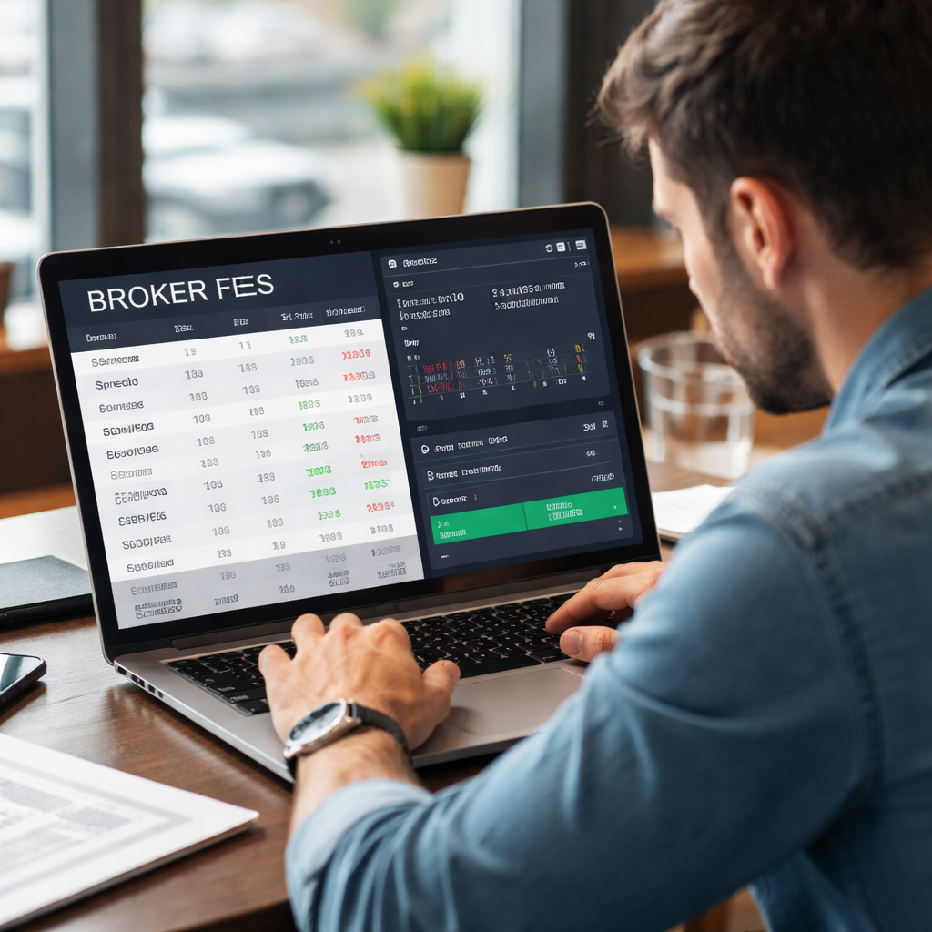 A photorealistic scene of a trader at a desk, looking at a laptop screen that shows a broker’s fee table and a live trade execution window, realistic lighting, Alt: forex broker low commission decision and account setup visual.