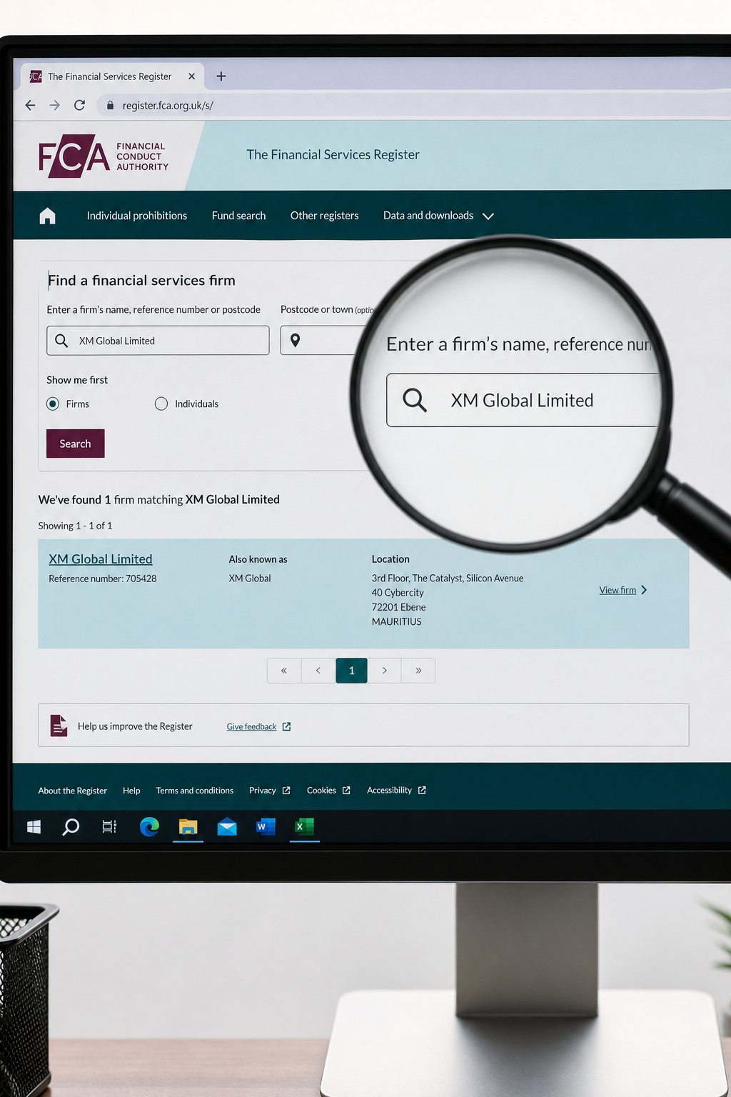 A photorealistic screenshot mockup of a computer screen showing a browser window open to a regulator's database search page, with a magnifying glass icon hovering over a search field. Alt: Step-by-step process of verifying a forex broker's license on a regulator's website