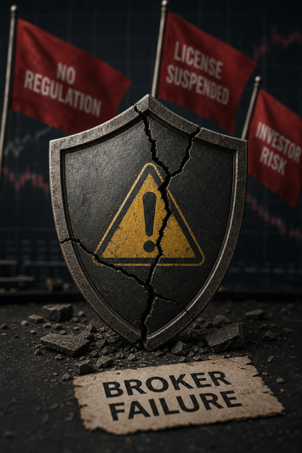 A photorealistic illustration of a cracked shield with a warning symbol, symbolizing a broker failure or regulatory lapse. Alt: Red flags in forex broker regulation , warning signs for traders