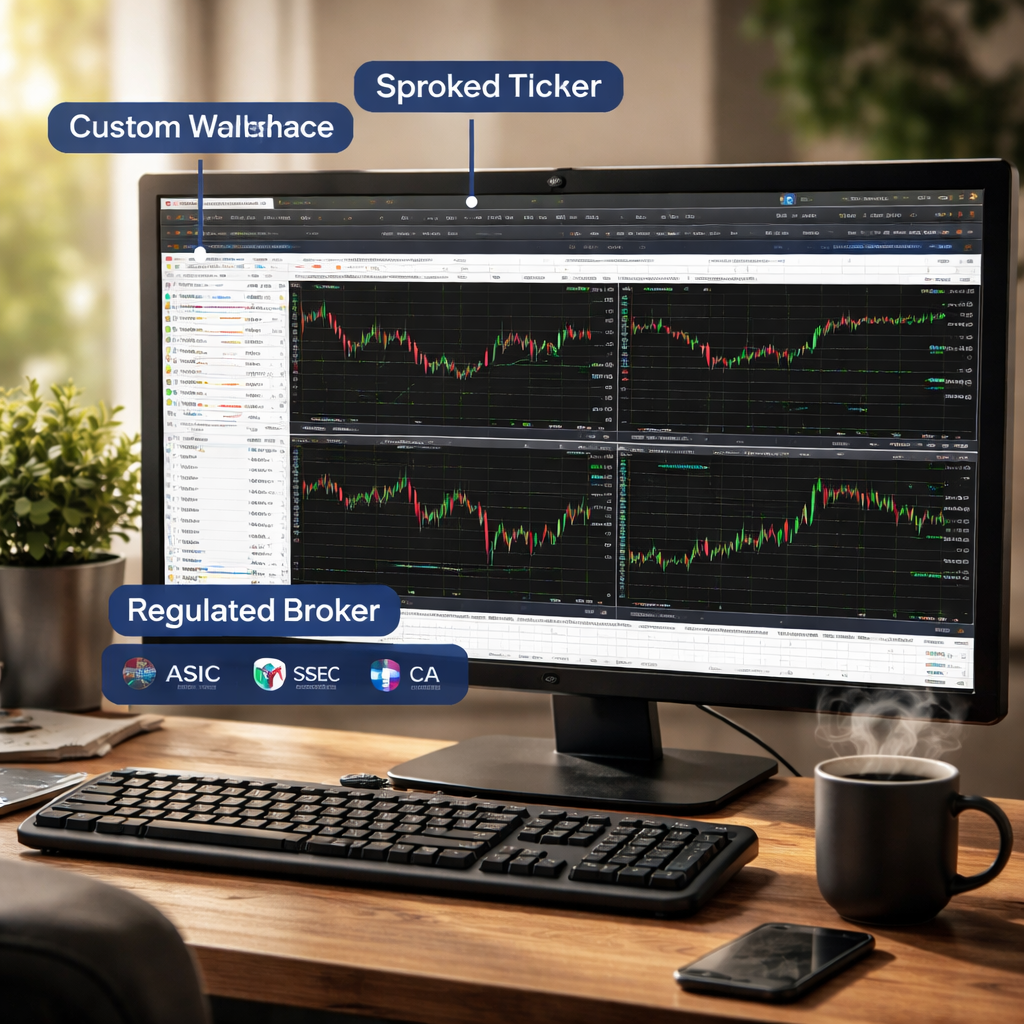 A photorealistic desktop setup showing a trader’s monitor with Broker Alpha’s MT5 platform, highlighting custom workspace, spread ticker, and regulatory badge icons. Soft natural lighting, realistic textures, and a steaming coffee mug beside the keyboard. Alt: Detailed forex broker review screenshot with key features highlighted.