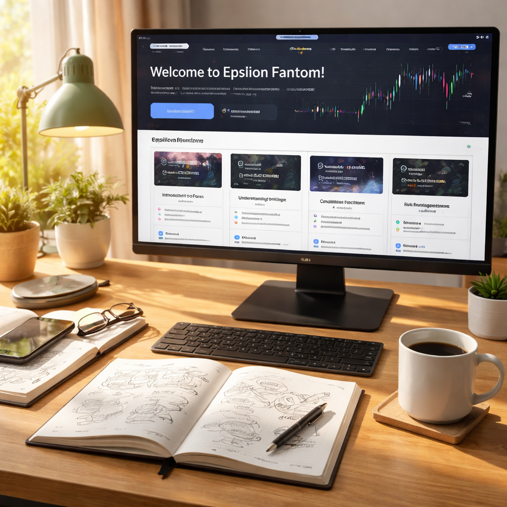 A photorealistic scene of a trader's desk in a bright home office. A computer monitor displays the Epsilon Fantom educational resources and tools dashboard, with a demo account banner and learning modules. Nearby, a notebook shows price-action sketches, a pen, and a cup of coffee. Soft daylight, realistic textures, and a calm, studious vibe. Alt: Forex education resources and tools on a trader's desk with Epsilon Fantom interface.