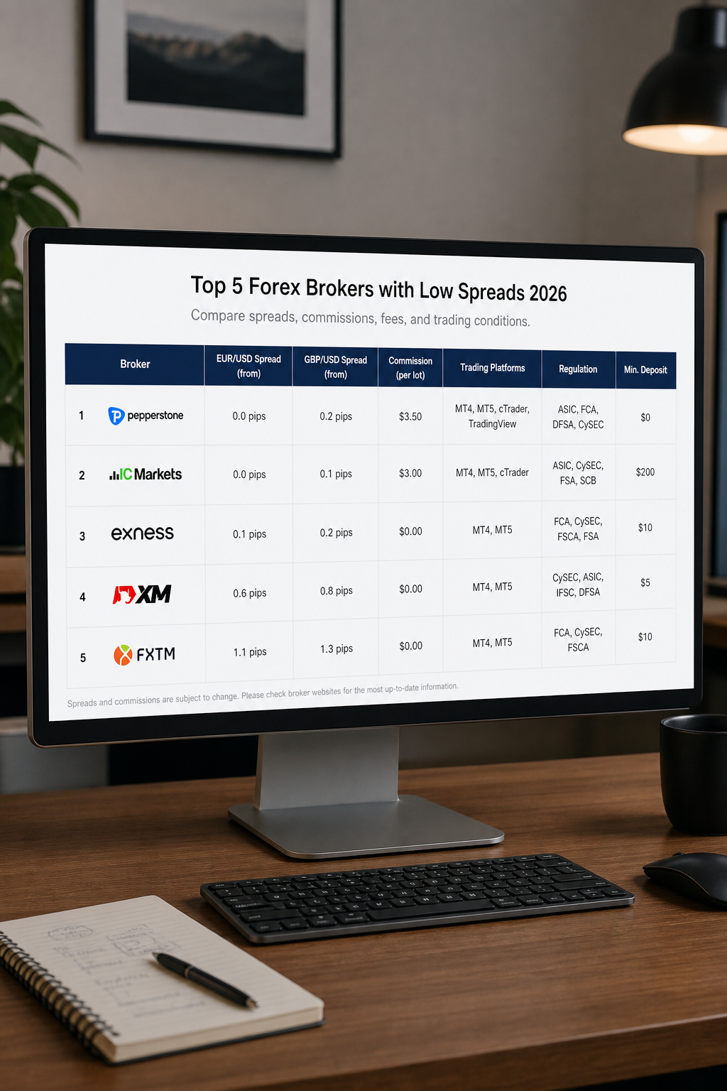 A realistic desktop setup showing a monitor with a comparison table of five forex brokers with spreads and commissions. Alt: Forex broker comparison table low spreads 2026.