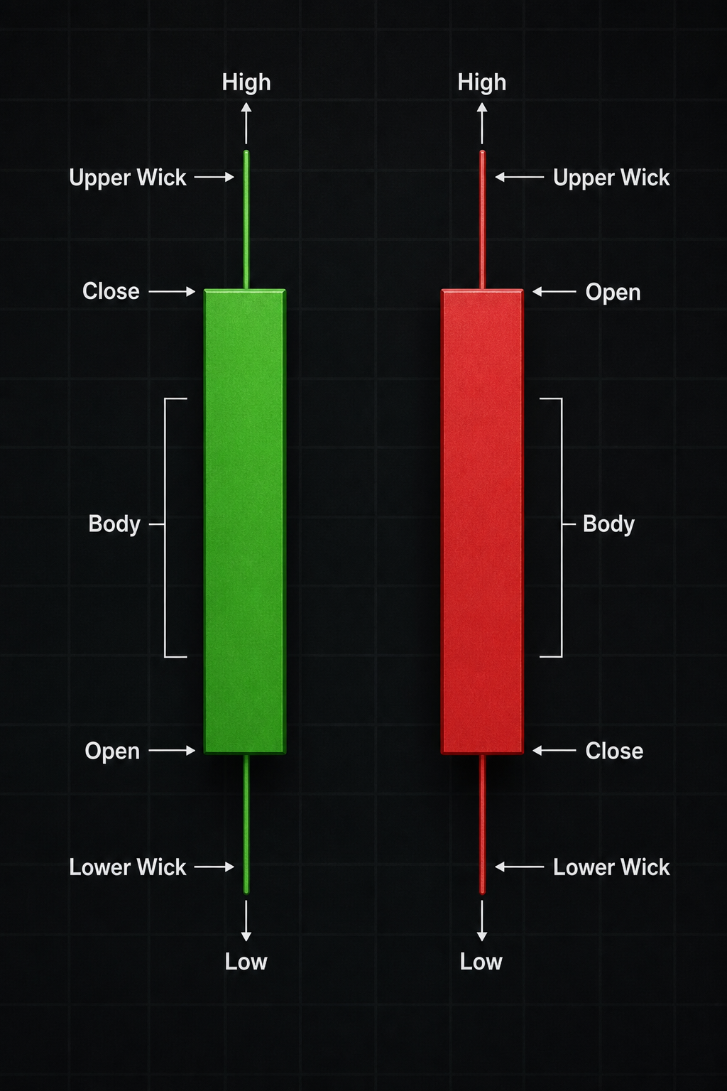 A photorealistic close-up of a single green and a single red candlestick with labeled parts: body, upper wick, lower wick, open, close, high, low. The background is a subtle grid. Alt: Green and red candlestick anatomy with labeled parts for forex candlestick patterns explained.