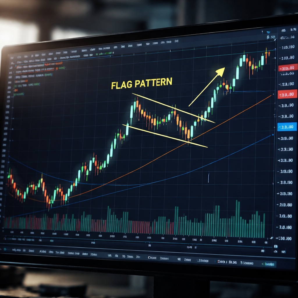 A photorealistic scene of a trader’s computer screen showing a forex chart with a flag pattern drawn, realistic lighting, focus on the chart details. Alt: forex chart patterns continuation flag example.