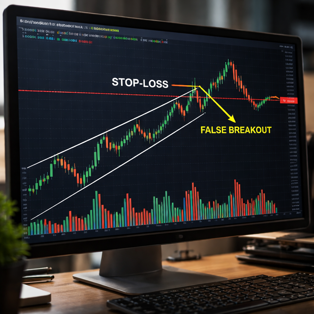 A photorealistic scene of a trader’s monitor showing a forex chart with a broken pattern line, a red stop‑loss marker, and a volume histogram. Alt: forex chart patterns explained with false breakout example.