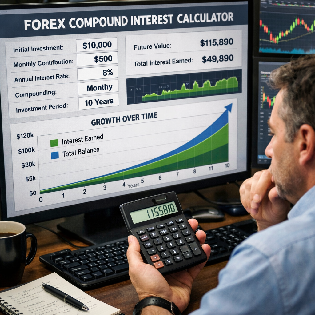A realistic scene of a trader looking at a computer screen with charts and a calculator, showing numbers and growth curves. Alt: forex compound interest calculator visual guide