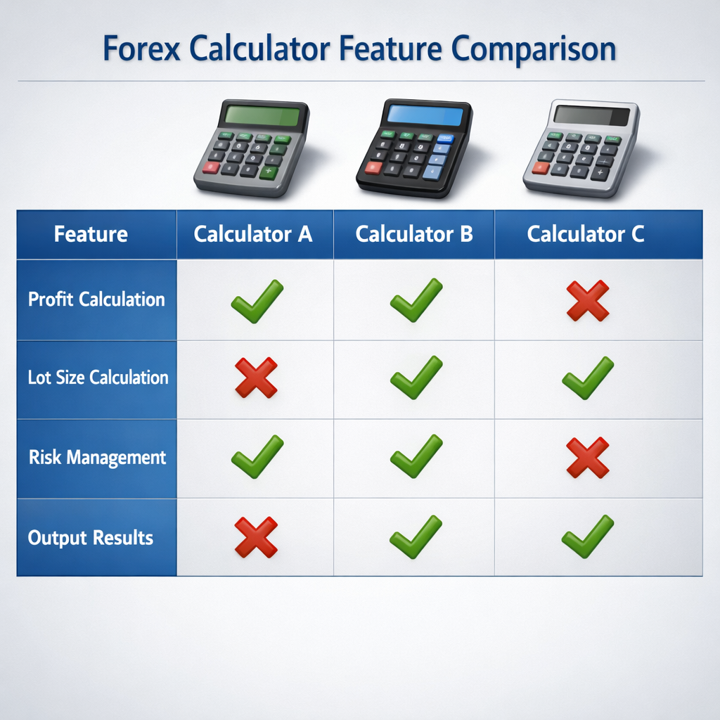 A realistic comparison chart illustration showing three calculator icons with check marks and crosses, highlighting features like profit, lot size, risk, and output. Alt: forex calculator feature comparison visual