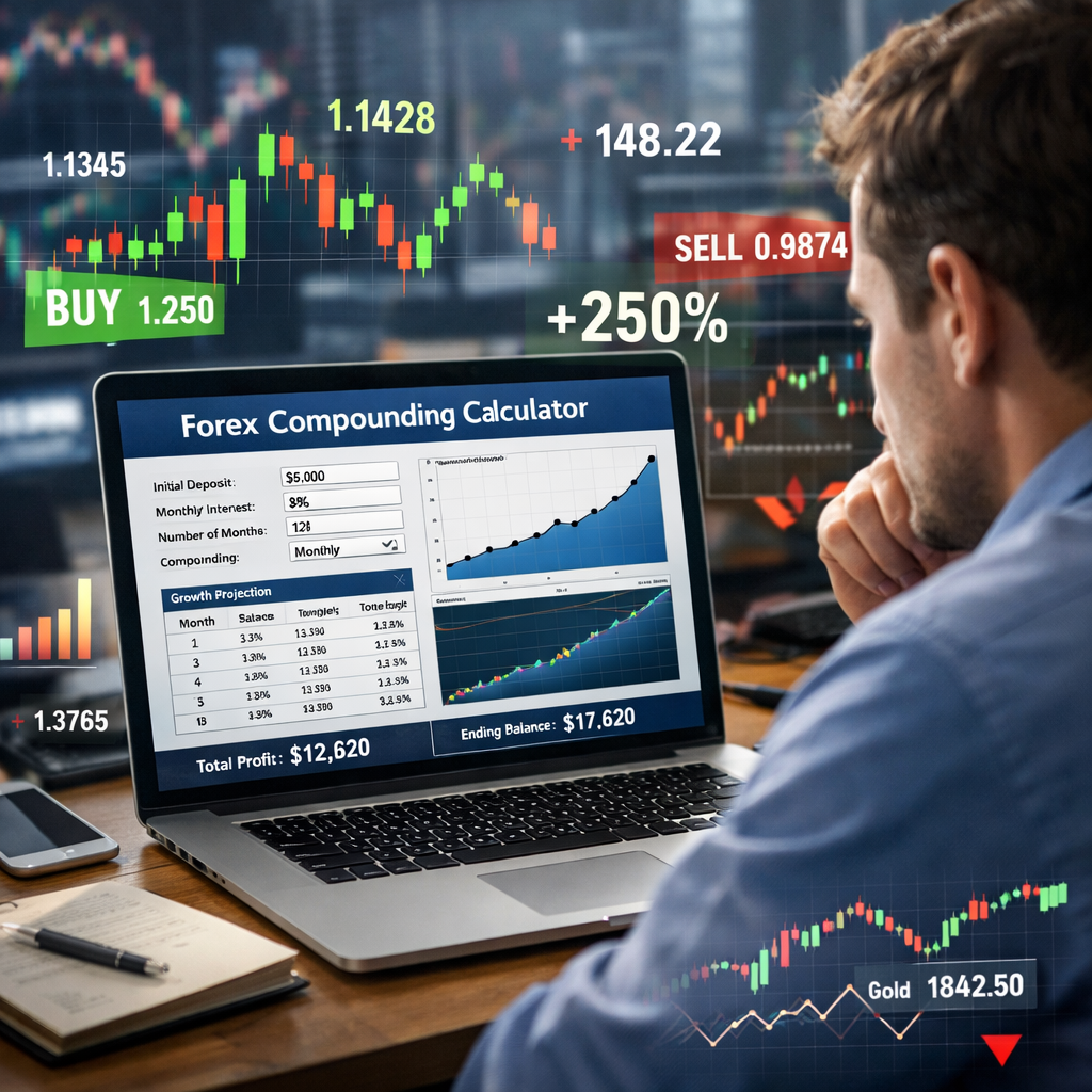 A realistic illustration of a trader looking at a laptop screen displaying a forex compounding calculator chart, with charts and numbers floating around. Alt: forex compounding calculator view
