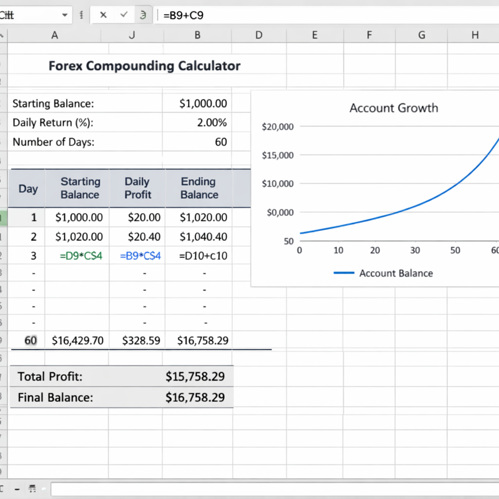 A realistic screenshot‑style rendering of an Excel spreadsheet filled with forex compounding data, showing cells with formulas and a line chart. Alt: forex compounding spreadsheet template