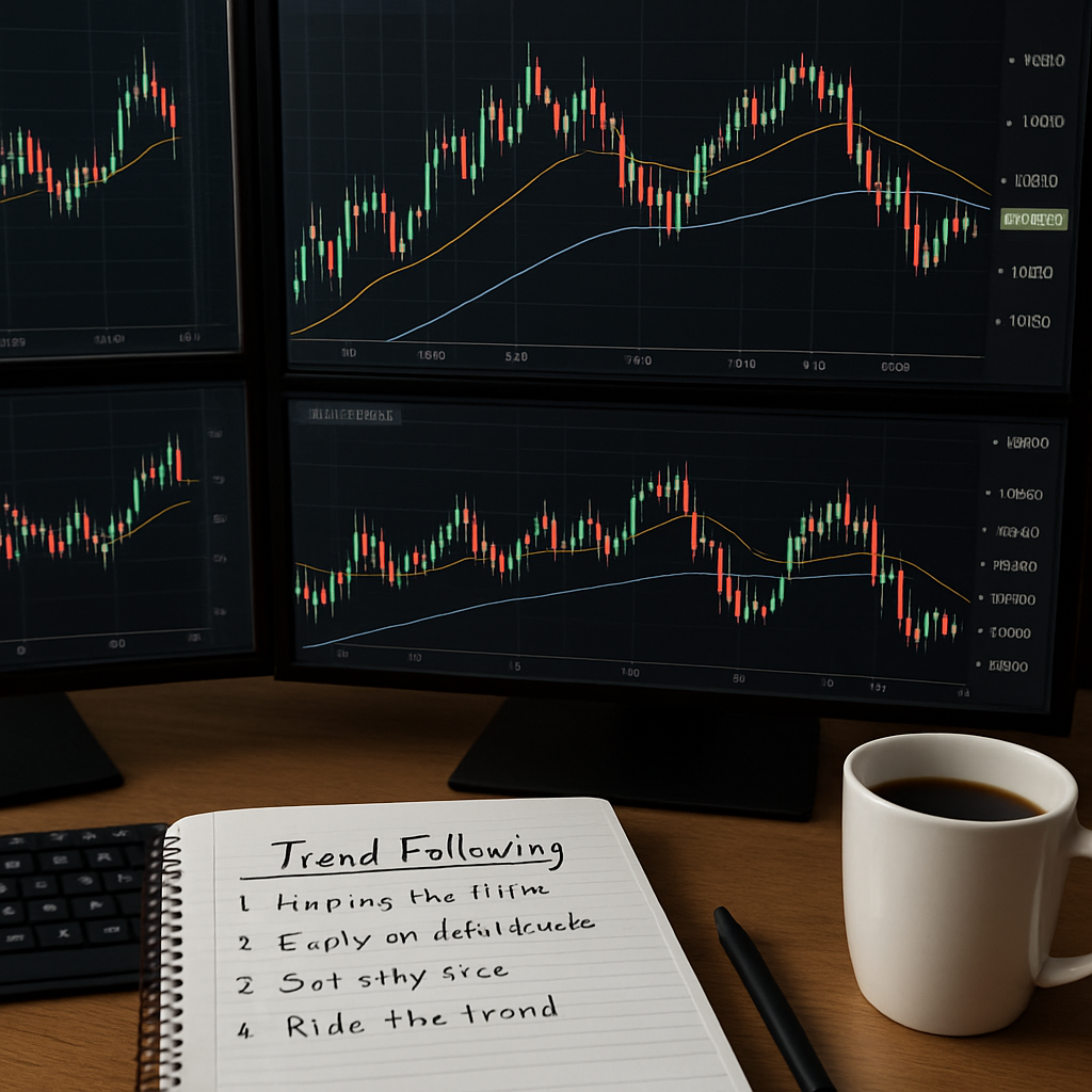 A photorealistic scene of a trader’s workstation showing multiple monitor screens with candlestick charts, a 20‑EMA and 50‑EMA overlay on an EUR/USD pair, a notebook with handwritten trend‑following notes, and a coffee mug. Alt: forex day trading strategies trend following visual guide