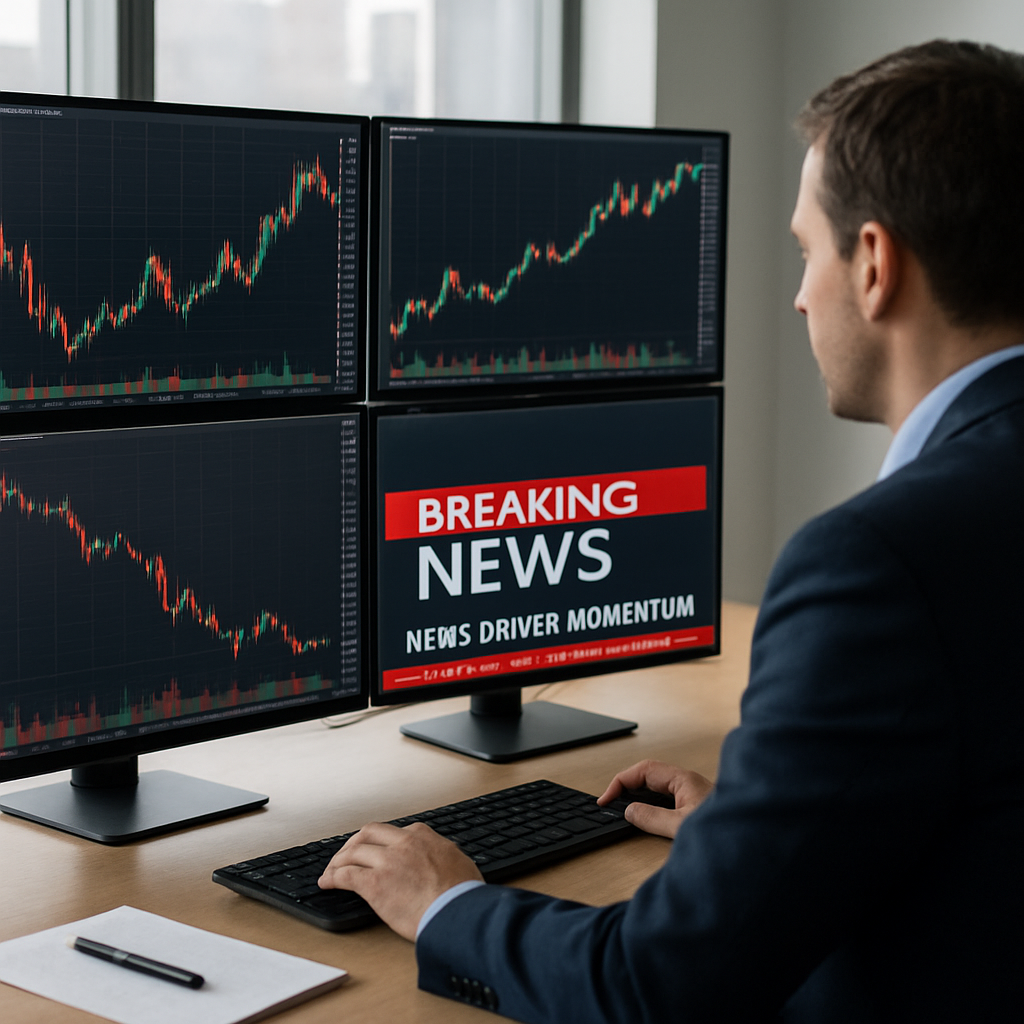 A photorealistic, real-world office scene showing a trader at a clean desk with multiple monitors displaying forex charts and a streaming news ticker, capturing the moment of news-driven momentum in forex day trading strategies. Alt: Forex day trading strategies—news-driven momentum setup on multiple screens.