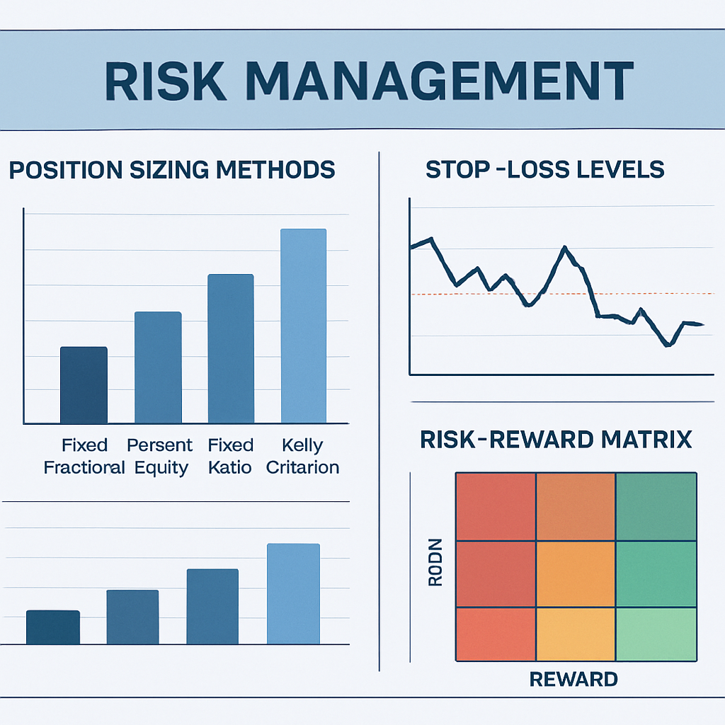 An illustration showing a forex trader’s risk‑management dashboard with charts of position sizing methods, stop‑loss levels, and a risk‑reward matrix. Alt: Advanced risk management techniques visual for forex education.