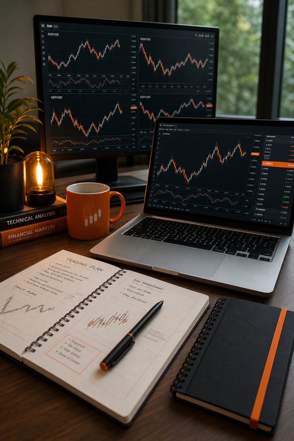 A photorealistic desk setup with forex charts, notebooks, and a laptop, Realism style. Alt: Forex study desk