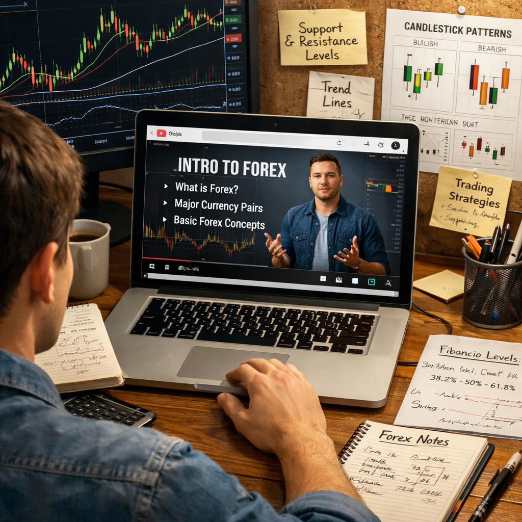 A realistic illustration of a student watching a Forex tutorial on a laptop, with charts and notes around the screen. Alt: forex educational youtube channels learning environment.