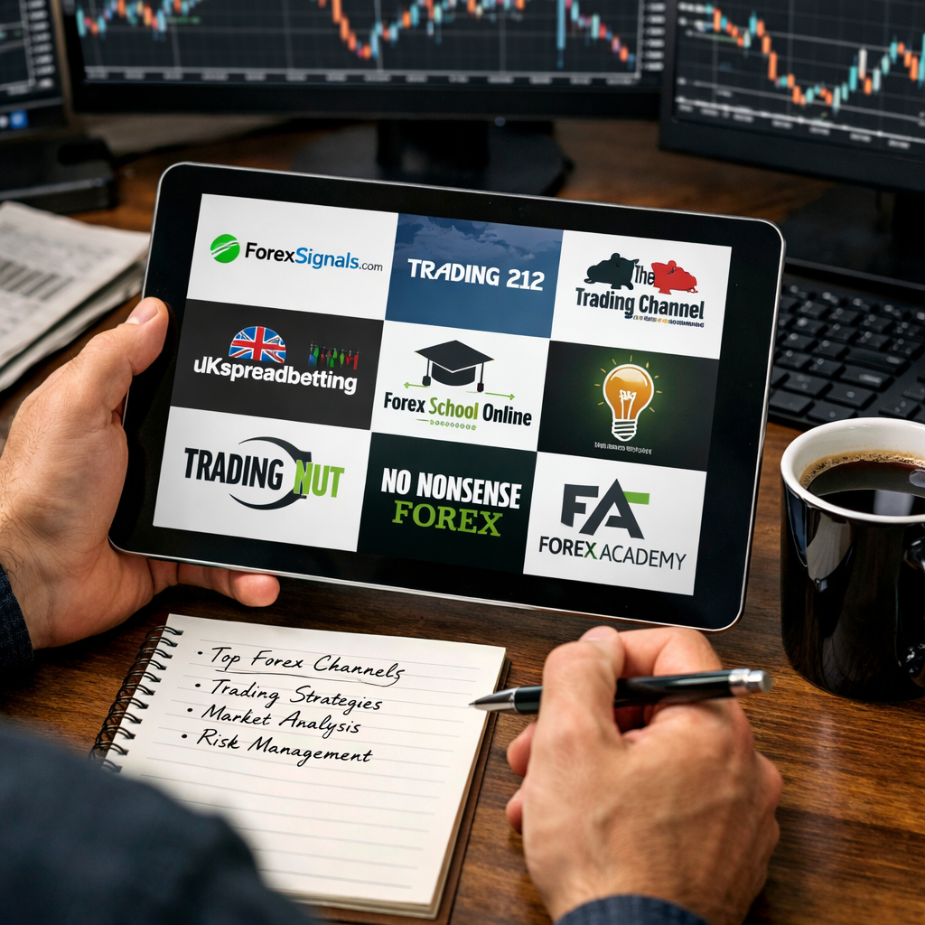 A realistic scene of a trader reviewing multiple YouTube channel logos on a tablet, with notes and a coffee mug. Alt: choosing forex educational youtube channels guide.
