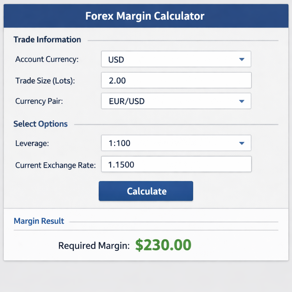 A realistic chart showing a forex margin calculator interface with input fields for trade size, use, and output margin. Alt: forex margin calculator screenshot